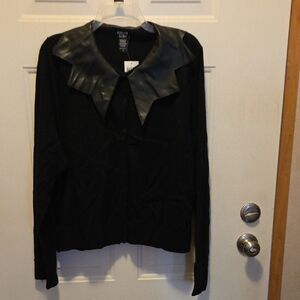 Aqua Black Button-Up Cardigan with Faux-Leather Pointed Collar